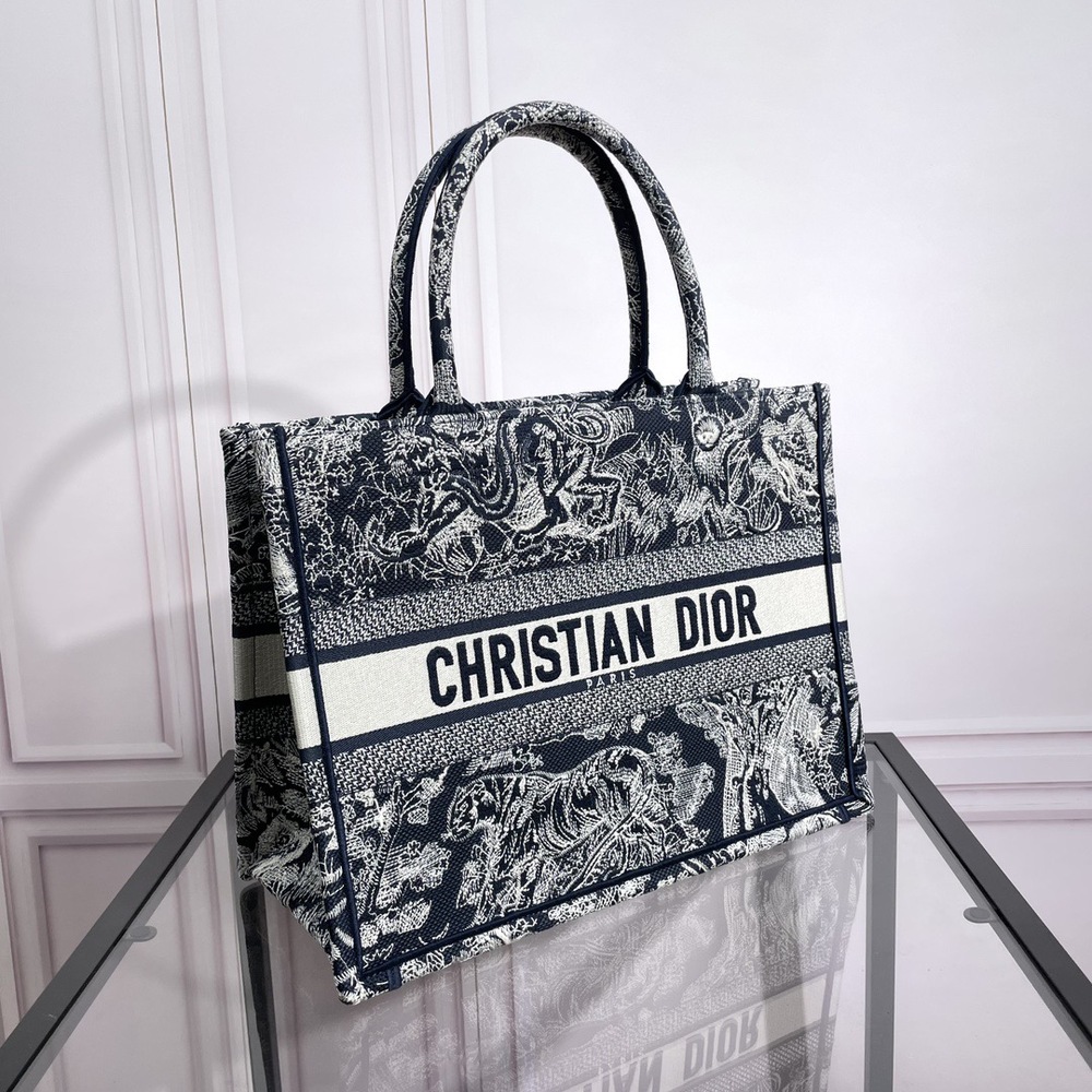 Dior Navy Toile de Jouy Embroidery Large Canvas Tote Handbag